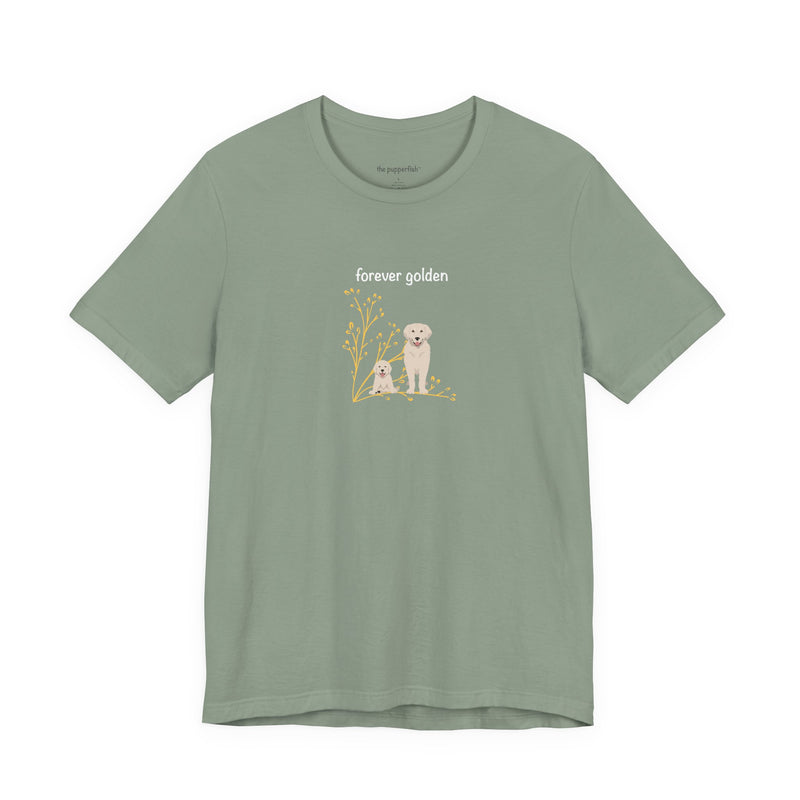 The Pupperfish Green t-shirt with a graphic of two golden retriever dogs and the text 'forever golden' on a white background