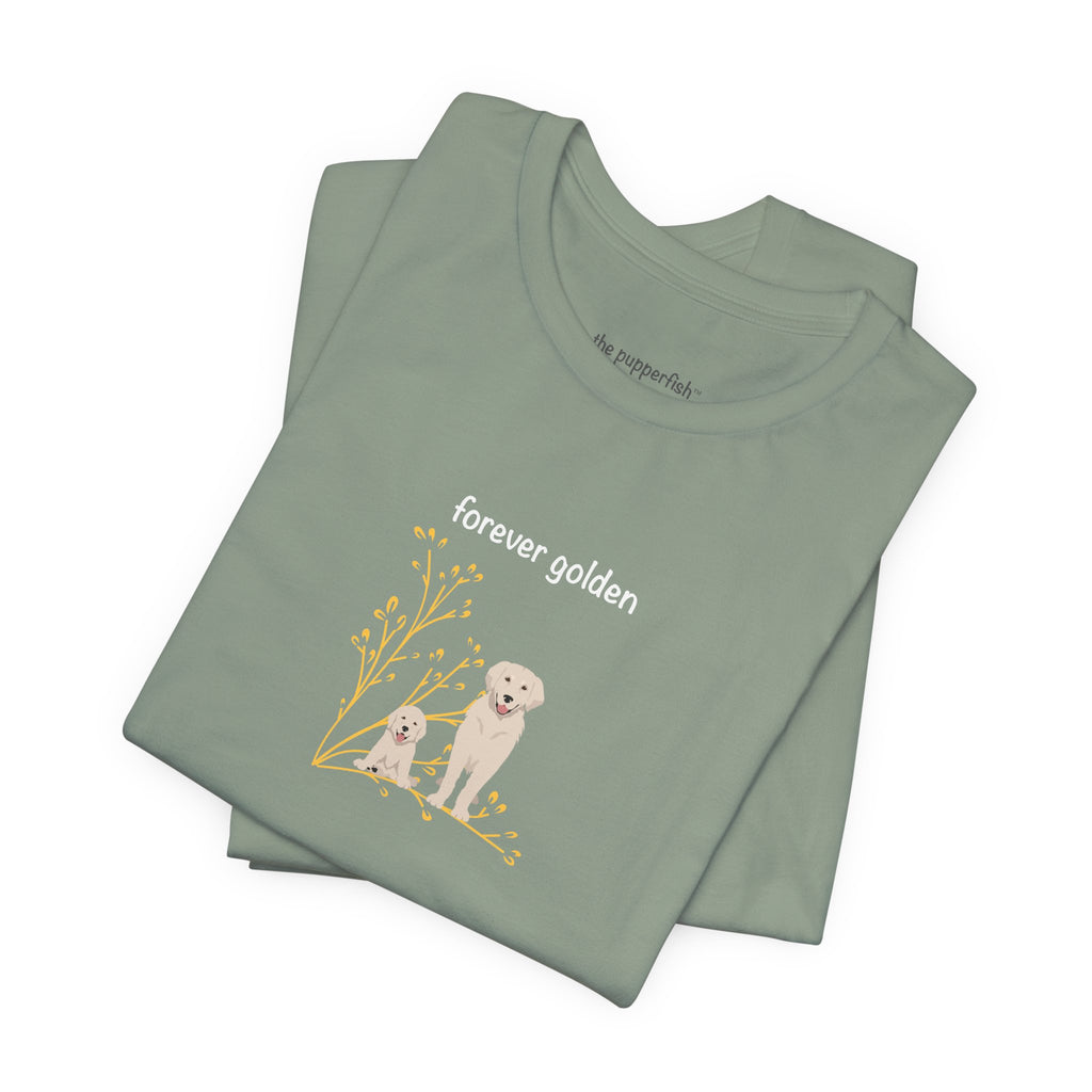 The Pupperfish™Folded green t-shirt with 'forever golden' text and golden retriever illustration on a white background