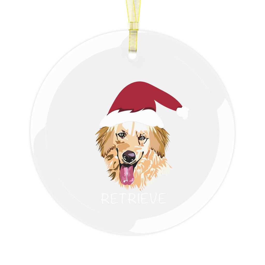 The Pupperfish™Printed on one side Comes with a gold ribbon for hanging Beveled edges Clear glass material Diameter 3.5” (3.5” W x 3.5” H)