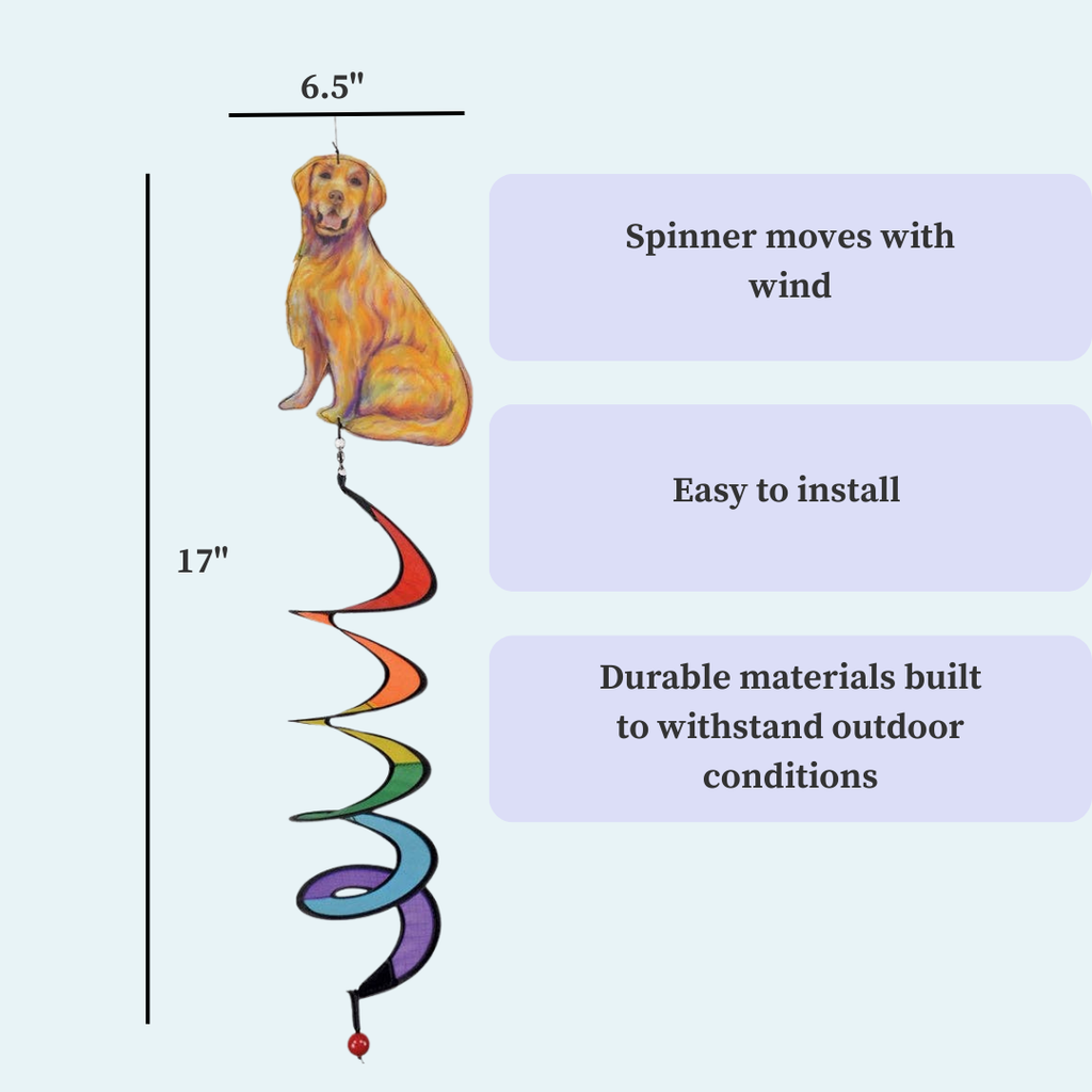 The Pupperfish™Colorful spinner with a golden retriever illustration and text on durability and installation, with measurements of 17" tall x 6.5" wide.