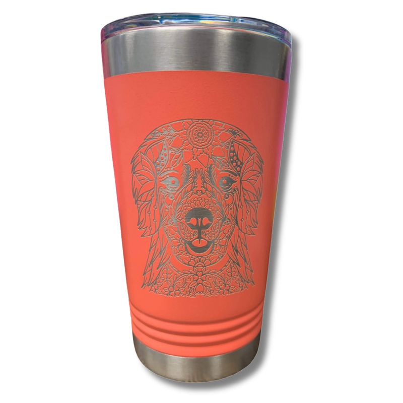 The Pupperfish Coral tumbler with a golden retriever's face design and silver lid on a white background