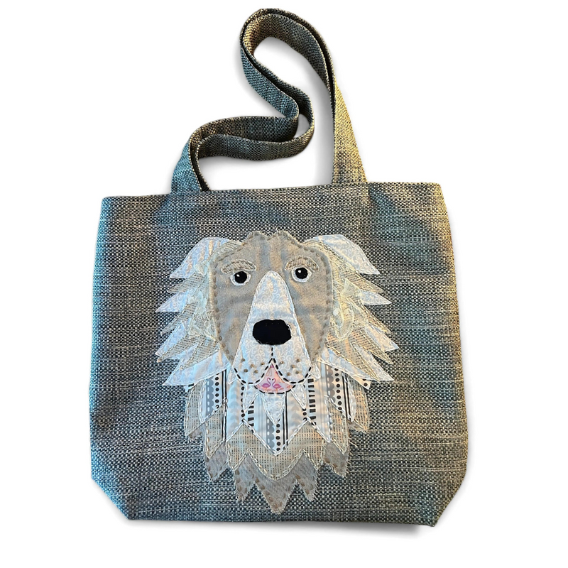 The Pupperfish Hand embroidered smiling golden retriever applique on tweed fabric handmade tote bag.