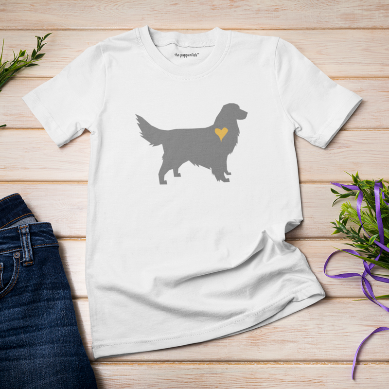 The Pupperfish Golden Lover Golden Retriever TShirt on a light gray tshirt, gray retriever with yellow golden heart