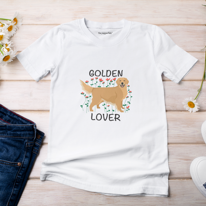 The Pupperfish "Golden Lover" Golden Retriever tshirt featuring a golden retriever smiling in the flowers.