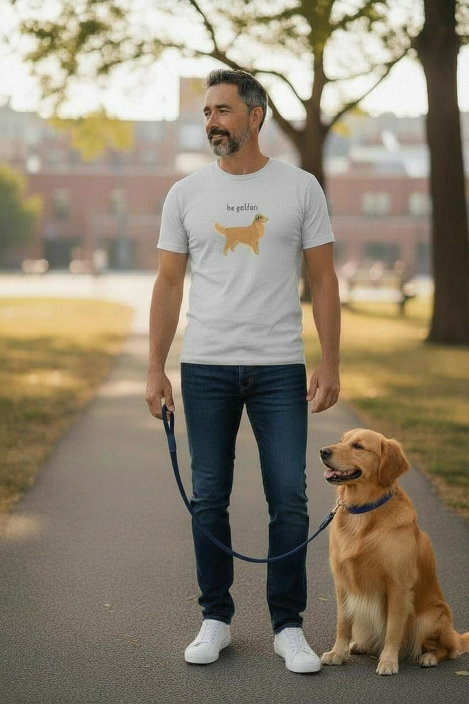 The Pupperfish™Man walking a golden retriever on a path with a casual setting