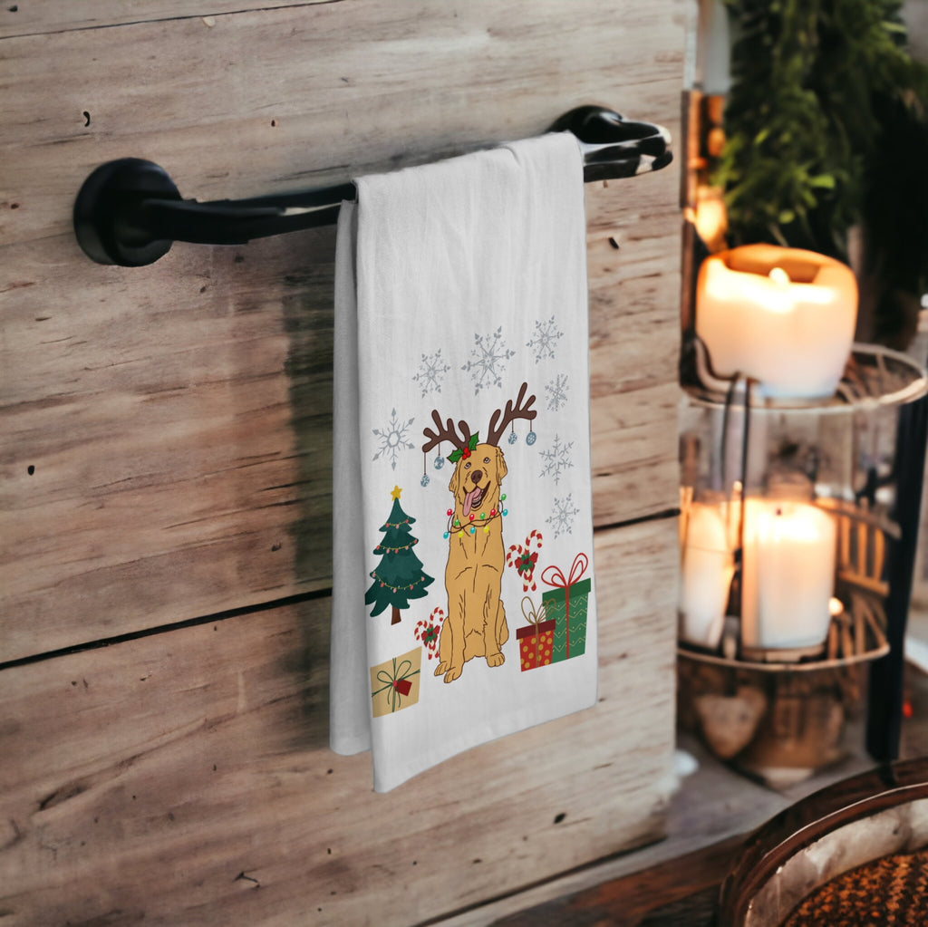 The Pupperfish™golden retriever themed tea towel hanging in a kitchen