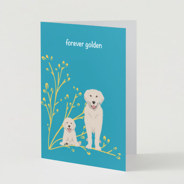 The Pupperfish "Forever Golden" golden retriever greeting card features two golden retrievers in a sprig of golden flowers