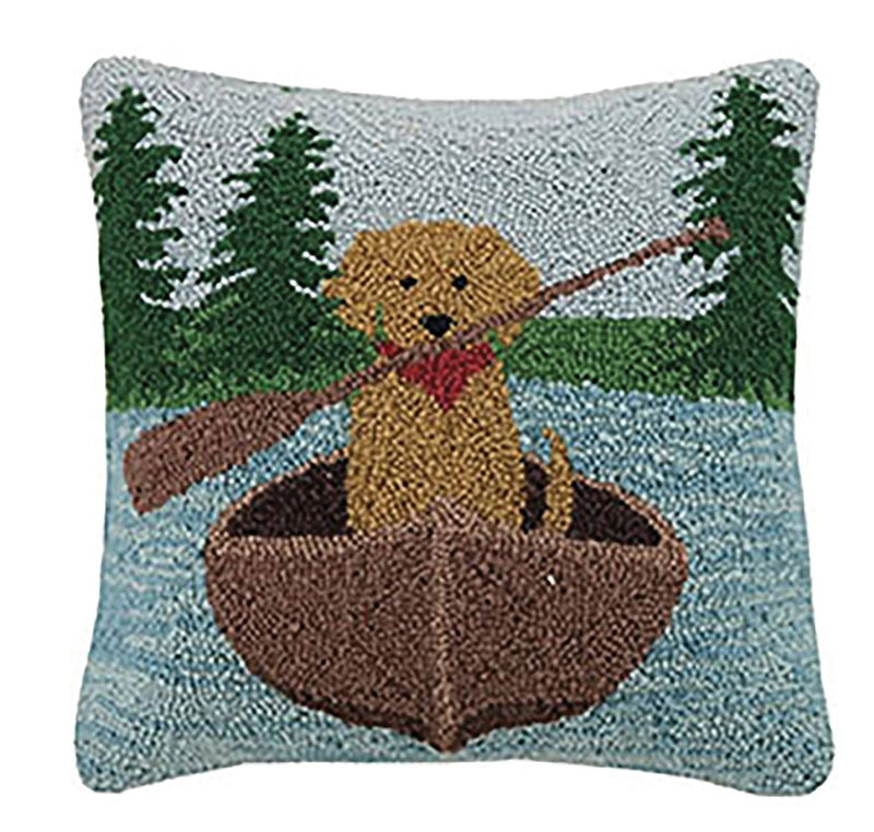 The Pupperfish hook pillow with canoeing golden retriever