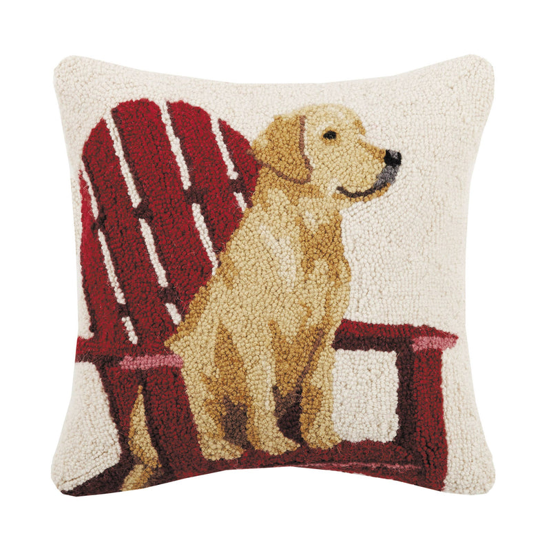 The Pupperfish hook pillow with golden retriever on adirondack chair