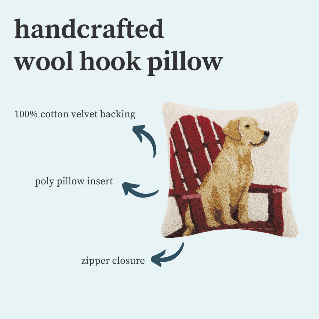 The Pupperfish™hook pillow with golden retriever on adirondack chair