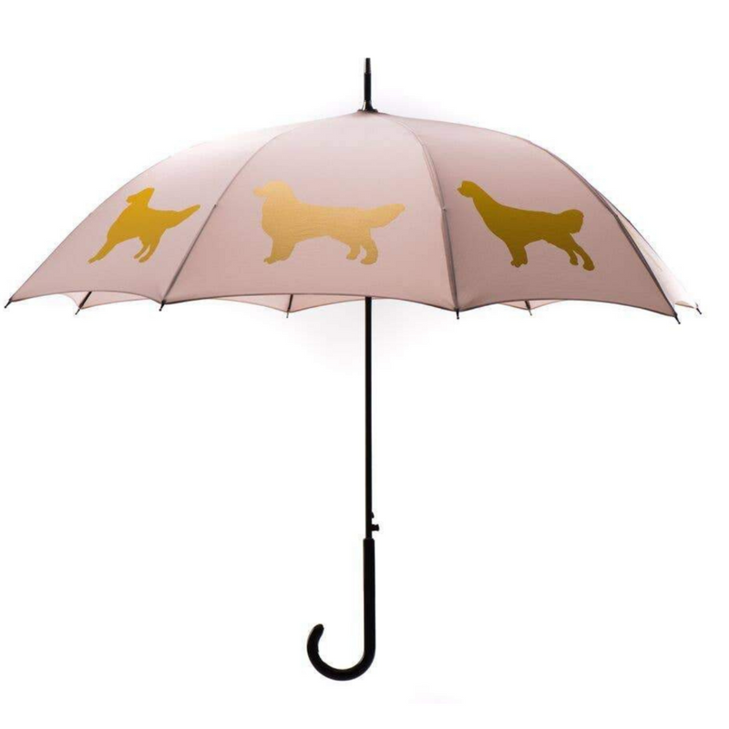 The Pupperfish umbrella with golden retrievers- gold on taupe
