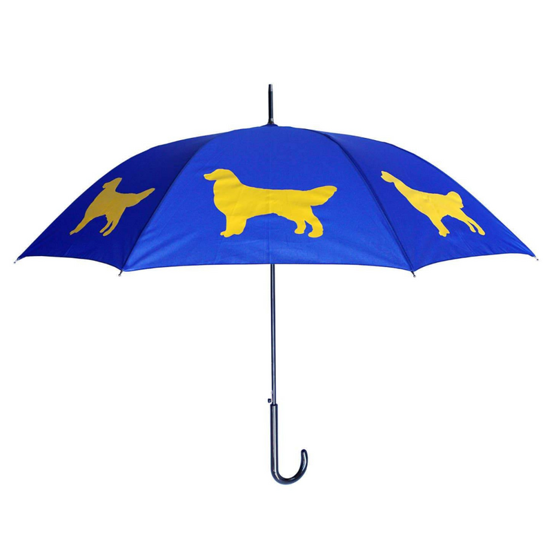 The Pupperfish umbrella with golden retrievers- gold on royal blue