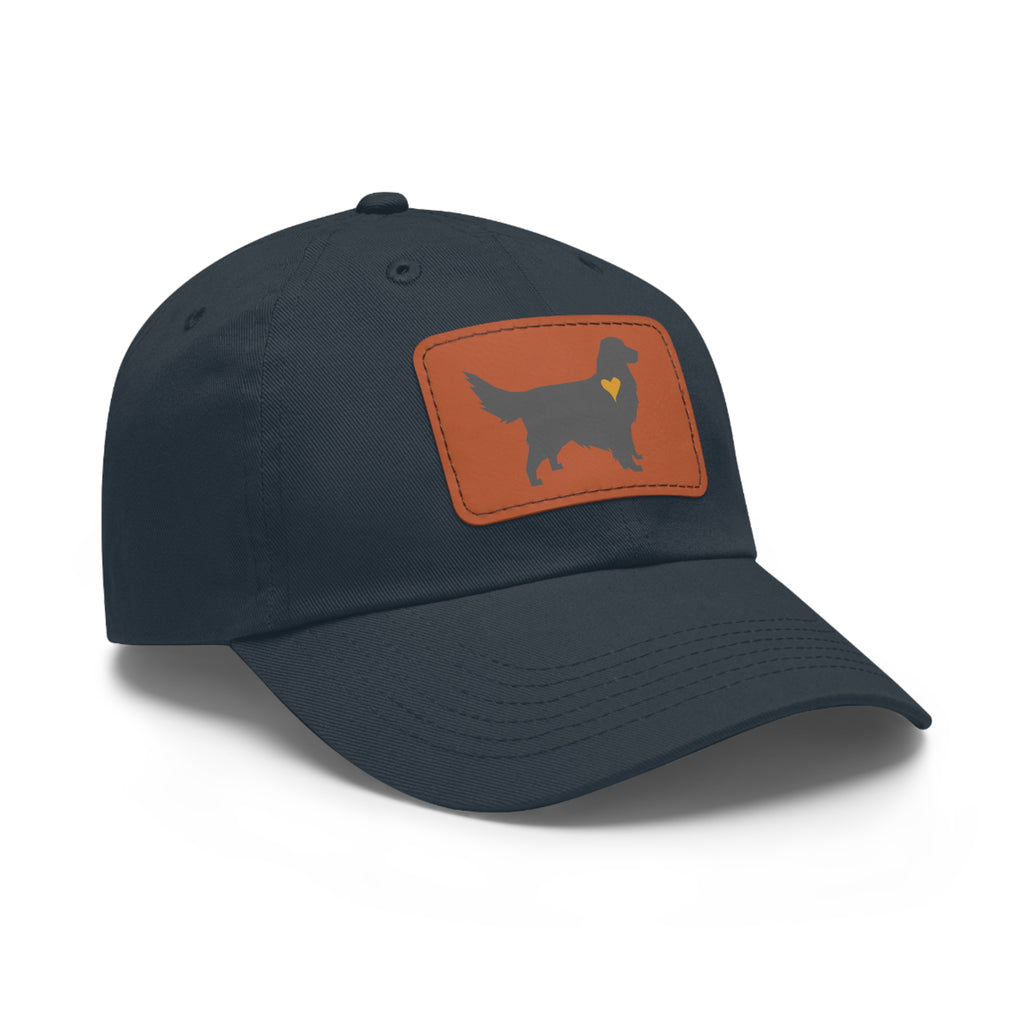 The Pupperfish™Golden Retriever Dad Hat in navy blue with brown leather patch side view