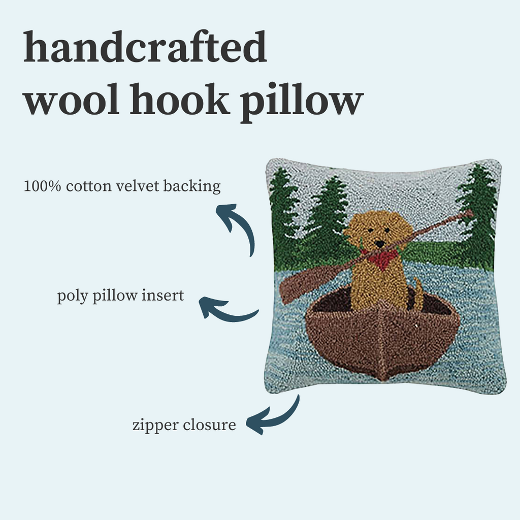 The Pupperfish™hook pillow with canoeing golden retriever